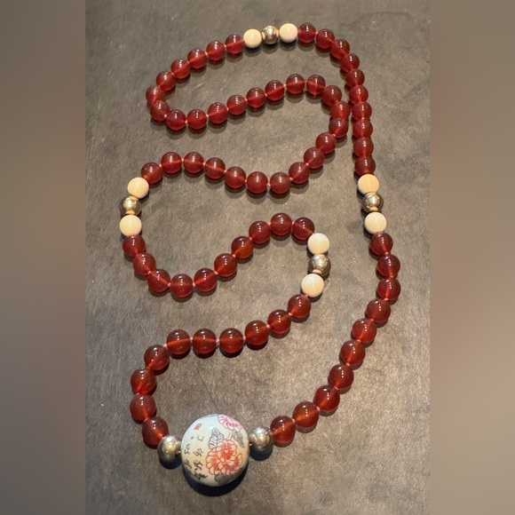 Carnelian, 14k gold & bone bead necklace 28” - Picture 1 of 4